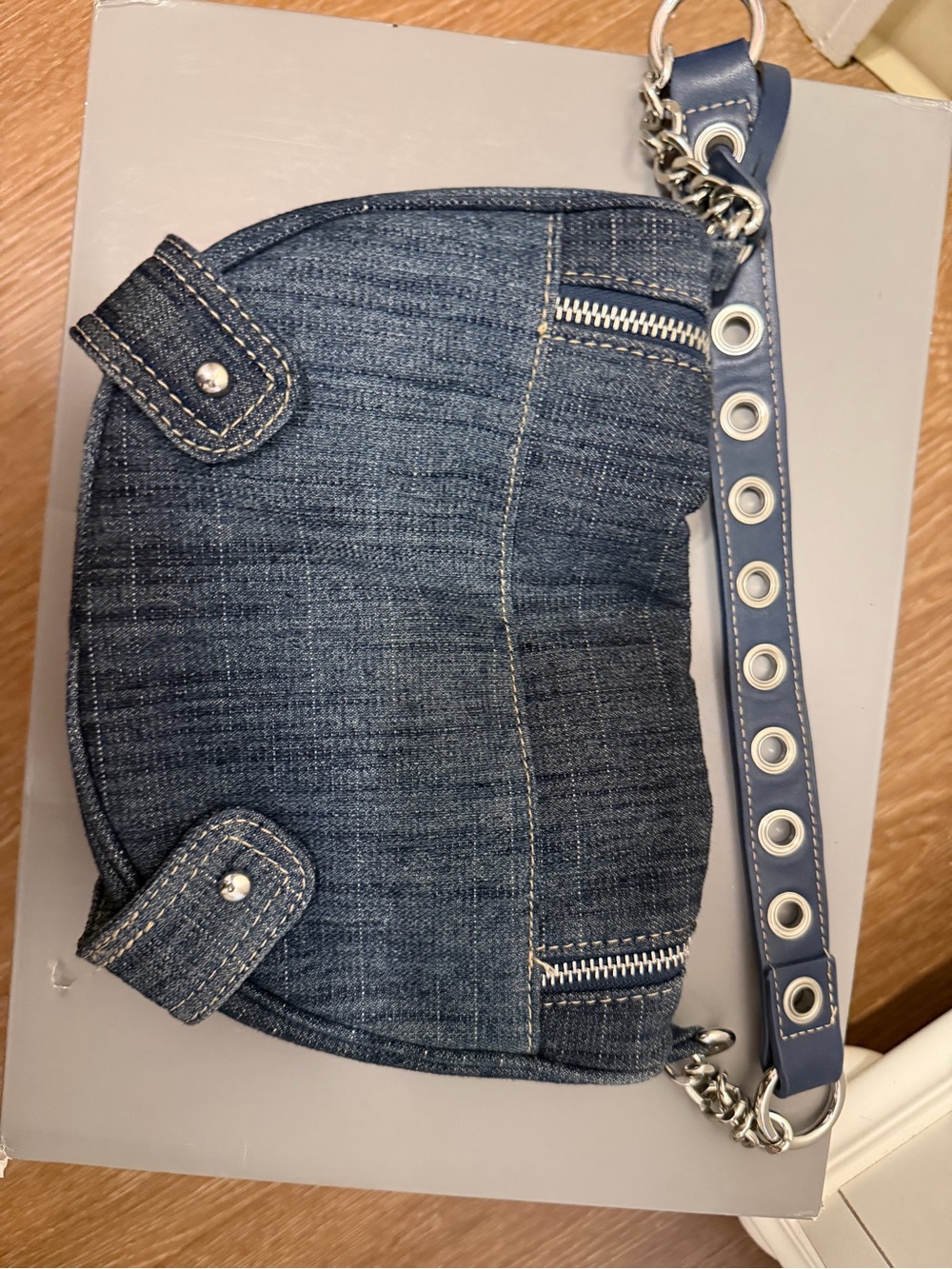 Denim Crescent Shoulder Bag with Navy Grommet Strap